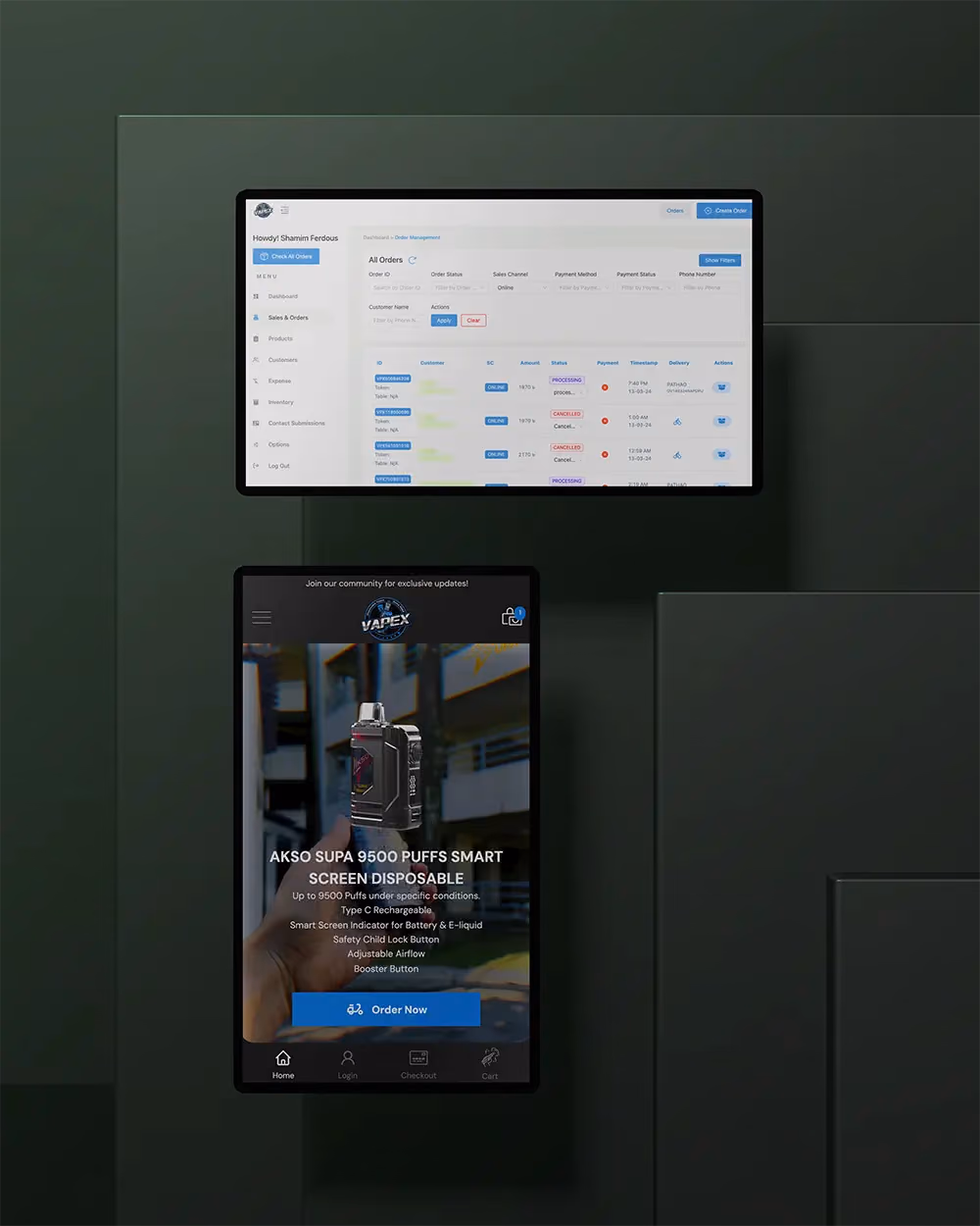 Vapex back-office order management and customer storefront